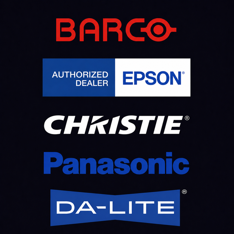 Logos of Barco, Epson, Christie, Panasonic, and Da-Lite on a black background